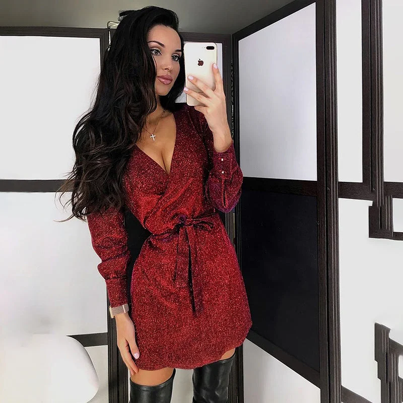 Special Promotion Sequin V Neck Belt High Waist Dress