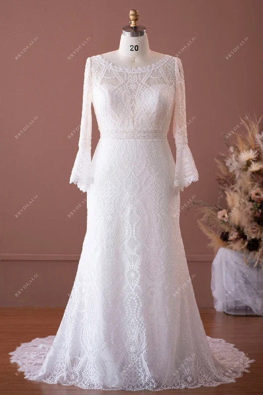 New Arrival Plus Size Bell Sleeves Illusion Scalloped Wedding Dress