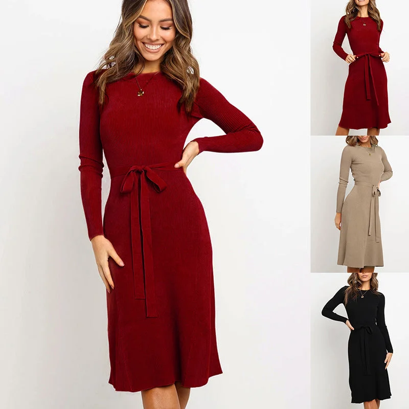 Extra Savings Casual Long Sleeve Belt Plain Sweater Dress