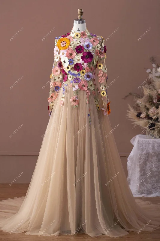Lowest Price Romantic Flower Lace Long Sleeves Wedding Dress