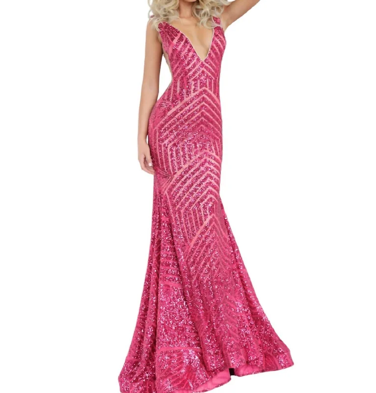 Massive Deals Sequin Embellished V-Neck Dress In Fushia
