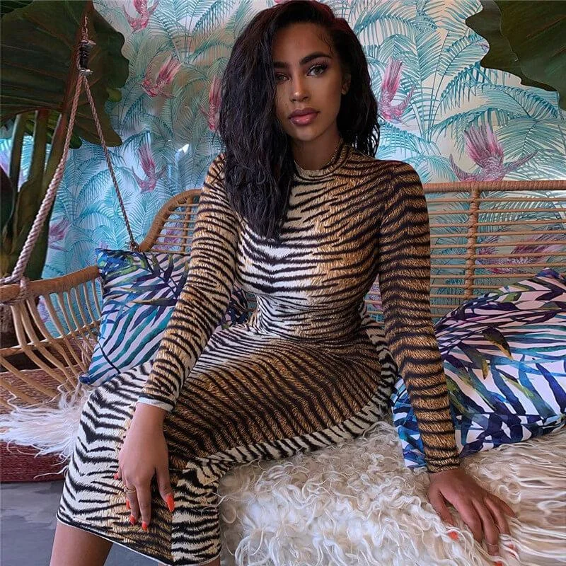 Don’t Miss Out Tiger Skin Long Sleeve Bodycon Slim Midi Dress