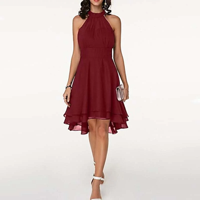 Great Deals Chiffon Ruffle Halter High Waist Plain Dress