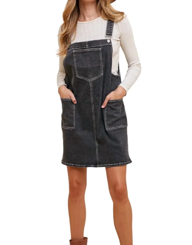 Deep Discounts Trace Stretch Overall Mini Dress In Washed Black