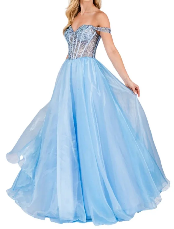 Fantastic Deals Beaded Off Shoulder Organza Gown In Baby Blue