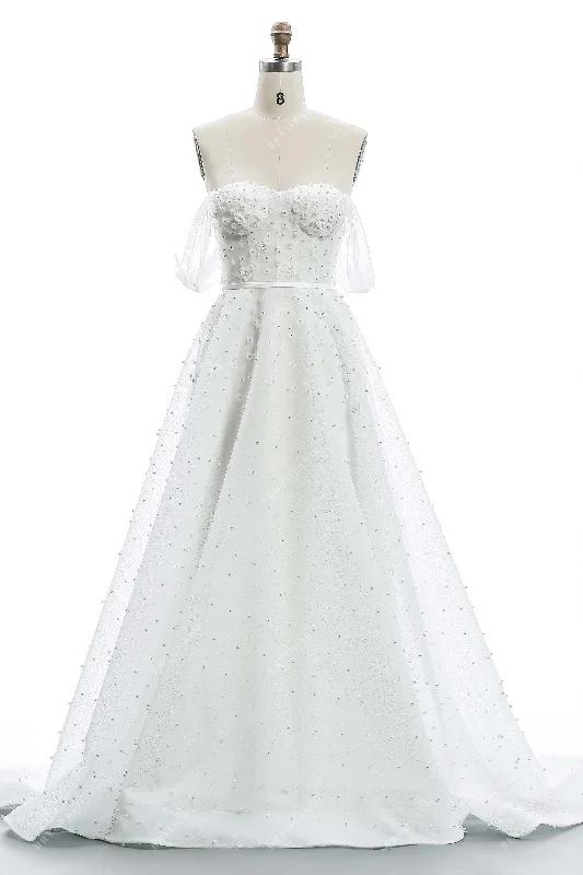 Savings Bonanza Beaded Flower Off-shoulder Sleeved Wedding Dress