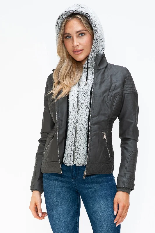 Shop and Save YMI Faux Layered Double-Zipper Jacket with Fuzzy Hood