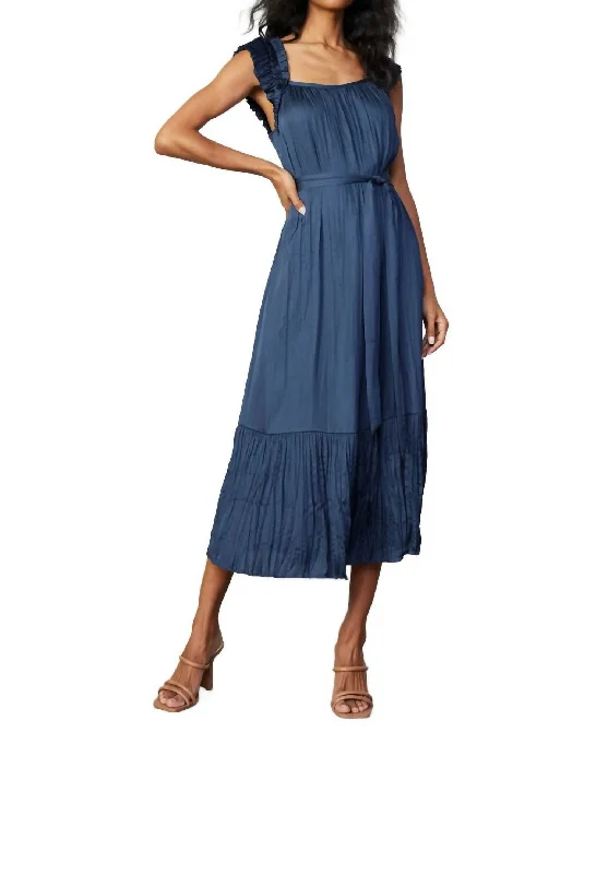 Shop and Save Crinkled Ruffled Shoulder Midi Dress In Navy