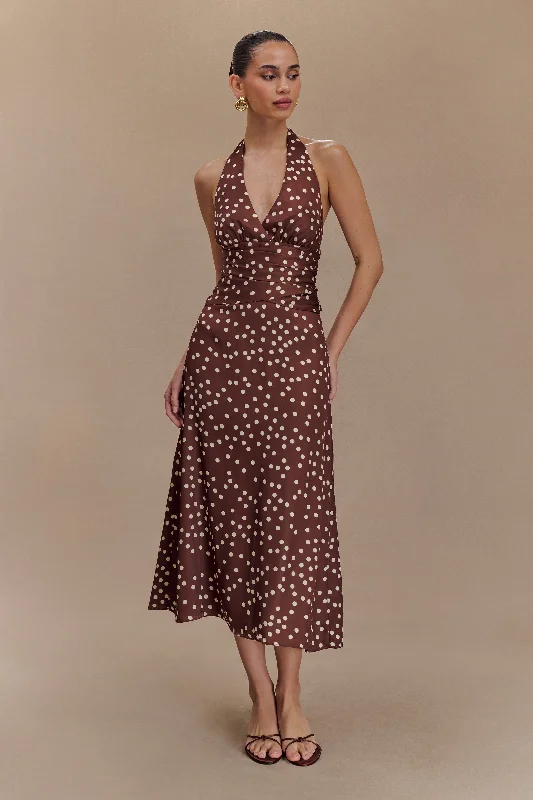 Seasonal Sale Marguerite Satin Halter Midi Dress - Brown Polka Dot Print