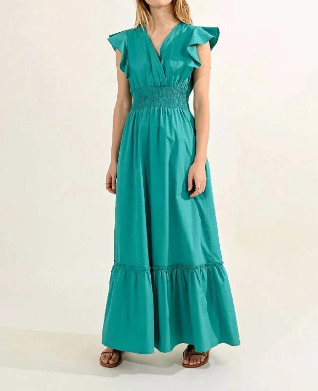 Exclusive Offers Ruffled V-Neck Maxi Dress In Green