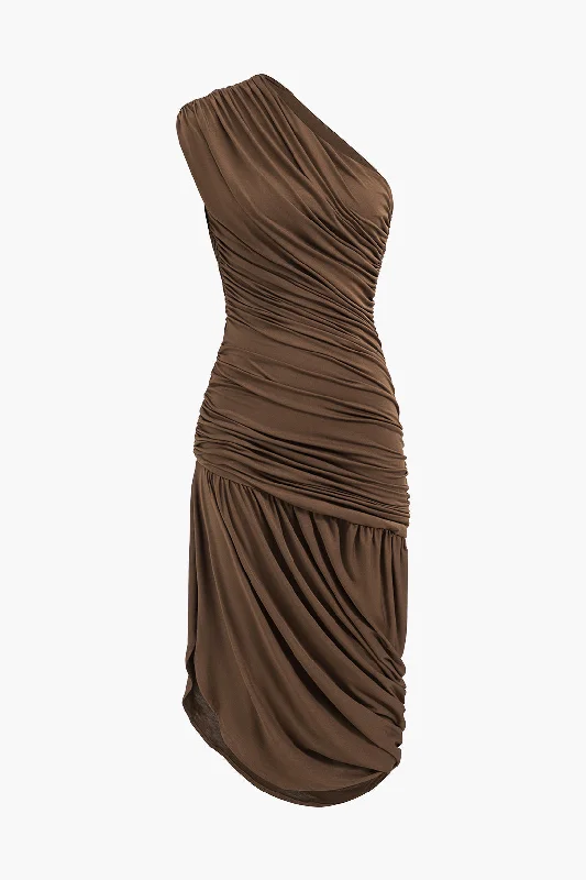 Markdown Madness Asymmetrical Sleeveless Ruched Midi Dress