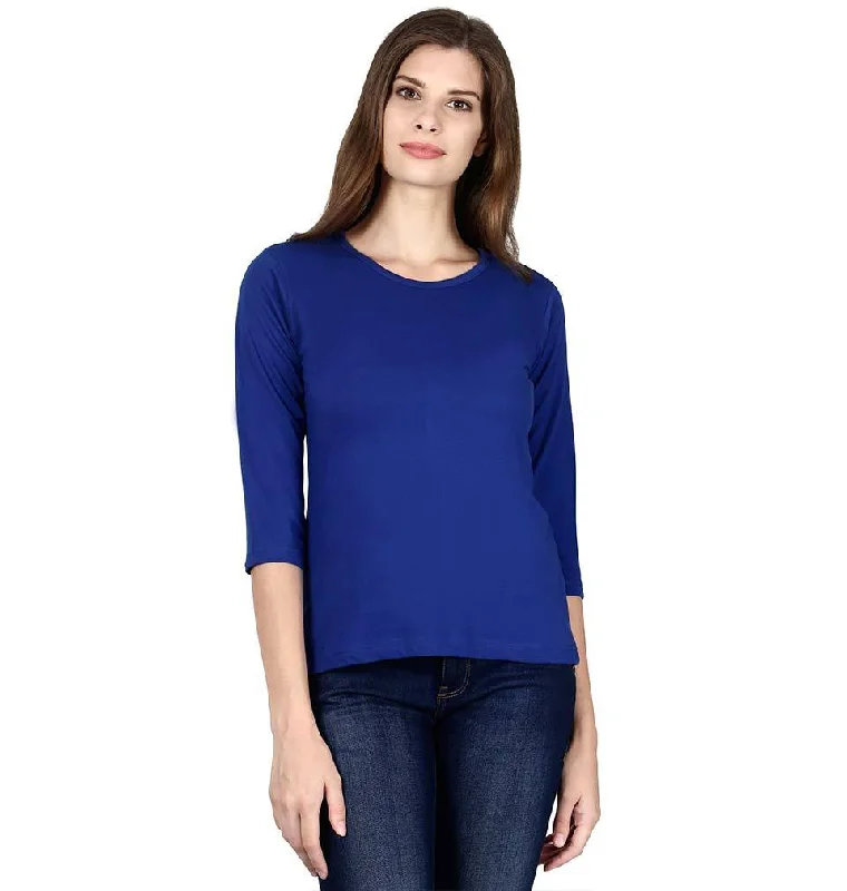 Act Fast Plain Royal Blue Full Sleeves T-Shirt for Women