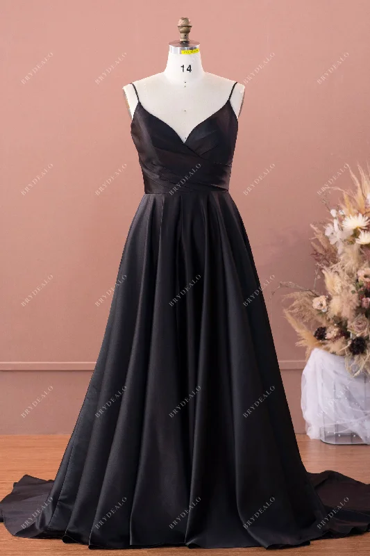 Weekend Deal Black Spaghetti Straps V-neck Pleated A-line Wedding Dress