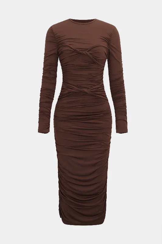 Doorbuster Deal Ruched Round Neck Long-Sleeve Midi Dress