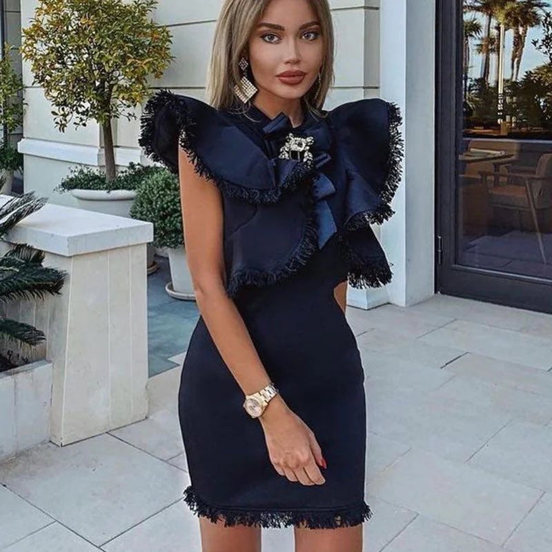 New Arrival Ruffle Sleeveless Bow Fringe Bodycon Dress