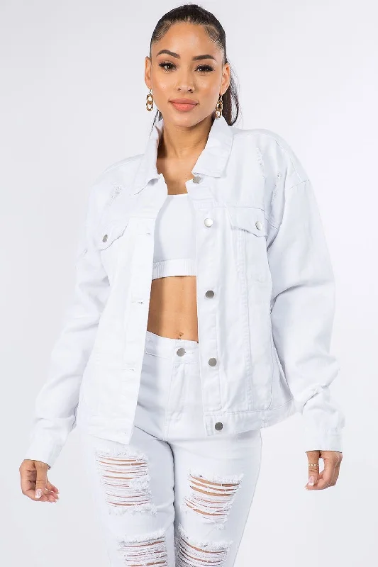Get It Before It’s Gone American Bazi Graphic Distressed Long Sleeve Denim Jacket
