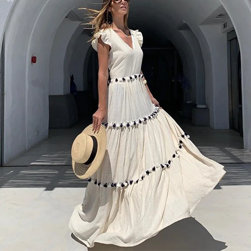Price Slash White V Neck Sleeveless High Waist Maxi Dress