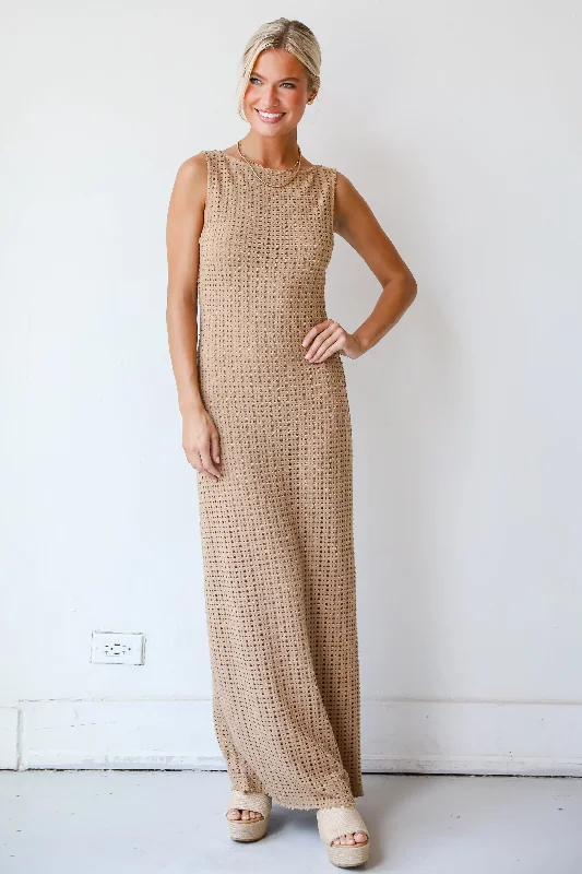 Instant Savings FINAL SALE - Infinite Sunshine Taupe Crochet Knit Maxi Dress