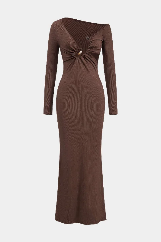Clearance Event Metallic Beaded Cut Out Asymmetry Neck Long Sleeve Maxi Dress
