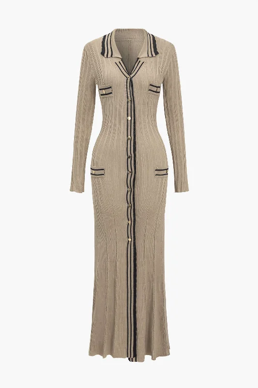 Buy More, Save More Color Block Print Knit Button Metallic Fake Pockets Dress