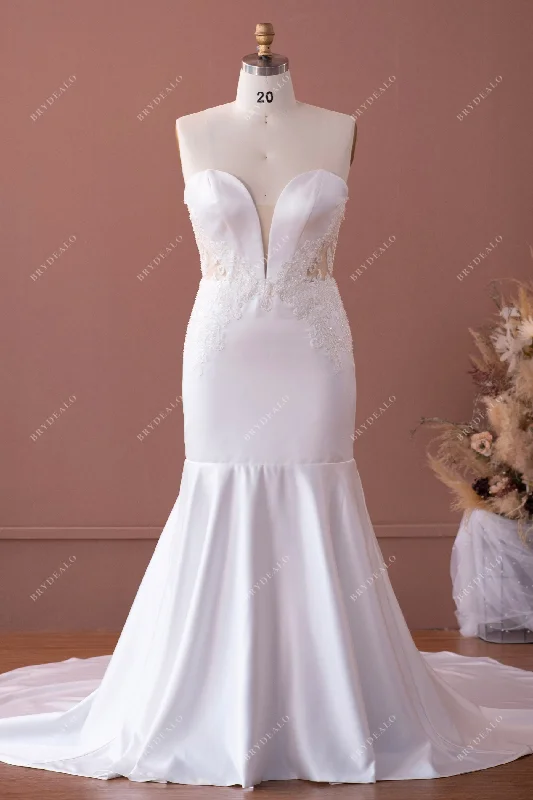 Online Only Plus Size Lace Satin Strapless Plunging Mermaid Wedding Dress