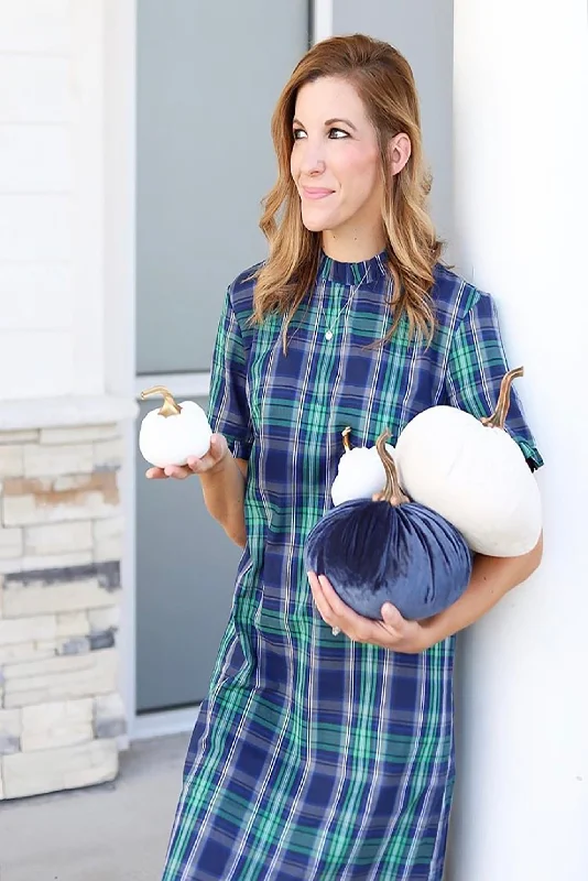 Bonus Savings Blake Ruffle Dress in Navy & Green Plaid