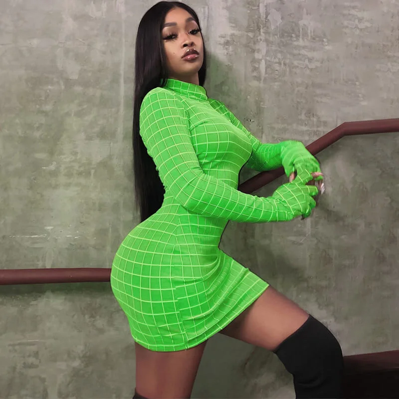 Extra Savings Plaid Cover Finger Bodycon Dress