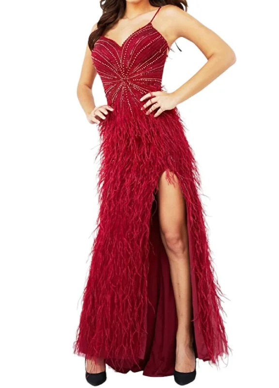 Best Bargains Sleeveless Beaded Bodice Feather Skirt Dress In Burg