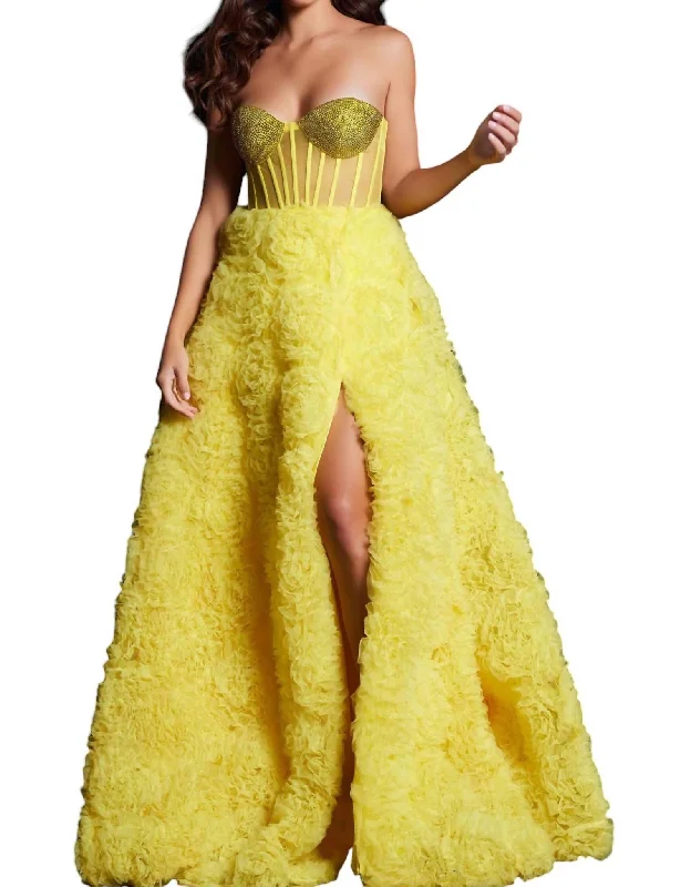 Quick Sale Embellished Illusion Bodice A-Line Gown In Yellow