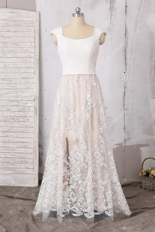 Special Promotion Bohemian Lace Satin Cap Sleeve Slit Wedding Dress