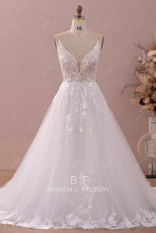 Buy Now Shimmery Beaded Straps Plunging Lace Long Wedding Dress