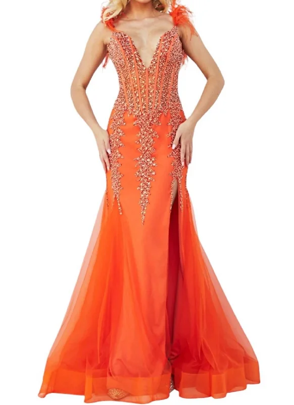 Limited Edition Deep V-Neck Embellished Mermaid Dress In Orange