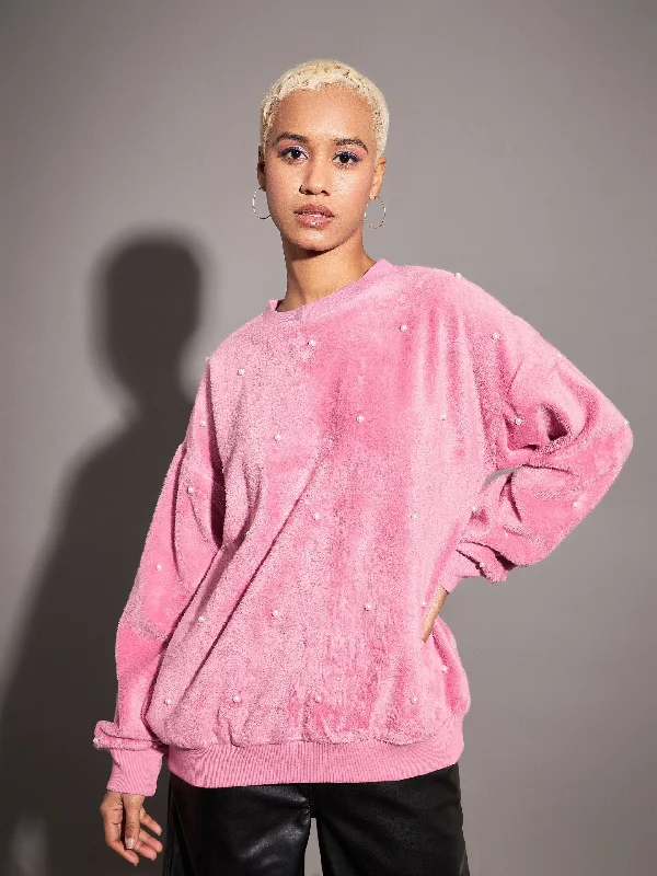 Savings Galore Women Pink Fur Pearl Sweatshirt