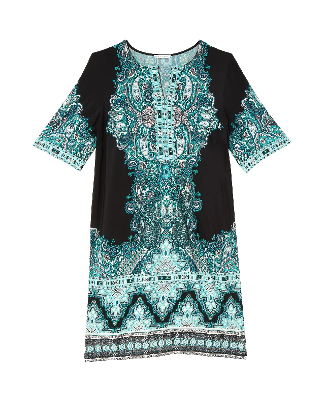 Can't Be Beat Karis Split-Neck Shift Dress | Black / Teal