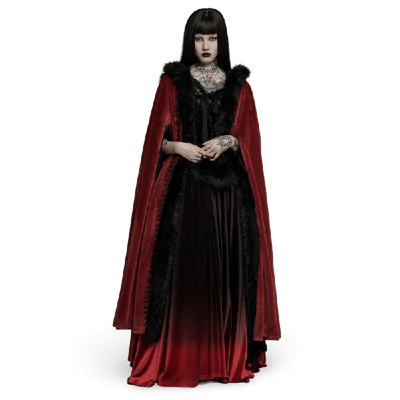 Can't Miss Royal Red Velvet Gothic Faux Fur Long Cloak for Women