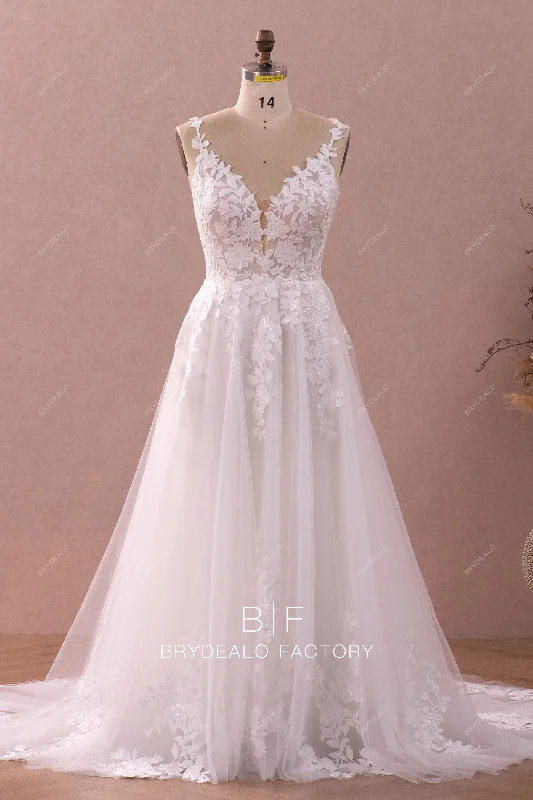 Deep Discounts Romantic Flower Lace Sleeveless A-line Tulle Wholesale Bridal Gown
