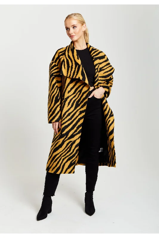 Price Reduction Liquorish Zebra Print Longline Coat In Mustard And Black