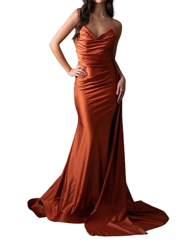 Price Cut Lycra Fitted Strapless Slit Gown In Cinna