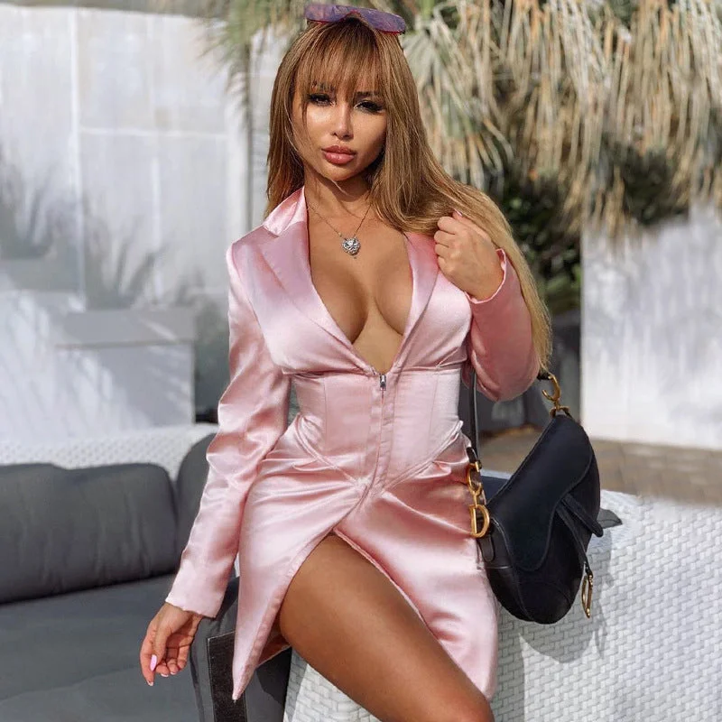 Warehouse Sale Pink Bodycon Long Sleeve Zipper Shirt Dress