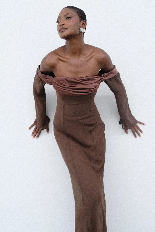 Today's Special Ivanna Off Shoulder Chiffon Maxi Dress - Mocha