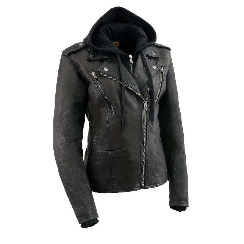 While Supplies Last Milwaukee Leather MLL2575 Women's Black Leather Vented Motorcycle Jacket w/ Removable Hoodie While Supplies Last Milwaukee Leather MLL2575 Women's Black Leather Vented Motorcycle Jacket w/ Removable Hoodie