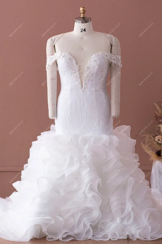 Midnight Madness Plus Size Luxury Off Shoulder Lace Ruffled Organza Wedding Dress