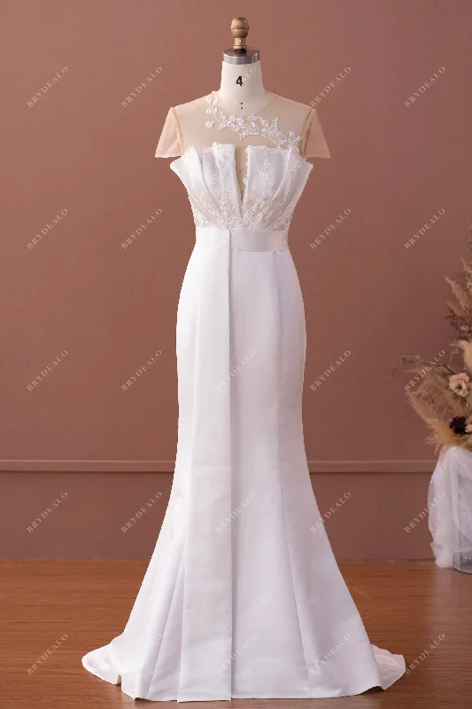 Deal Zone Cap Sleeve Inclined Buttoned Back Satin Bridal Gown