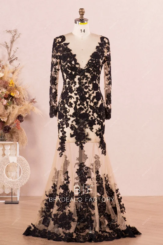 Warehouse Sale Black Lace Sheer Plunging Mermaid Bridal Dress