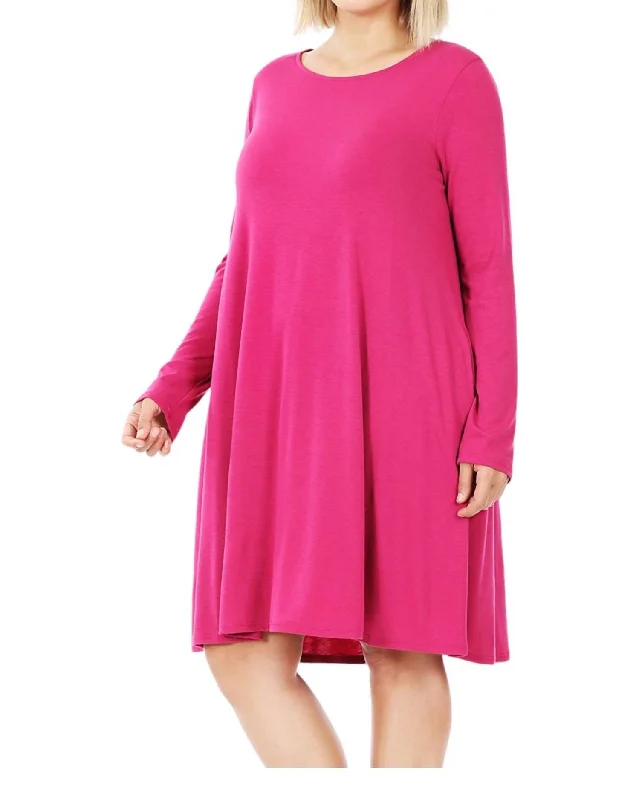 Price Rollback Long Sleeve With Pockets Dress In Magenta