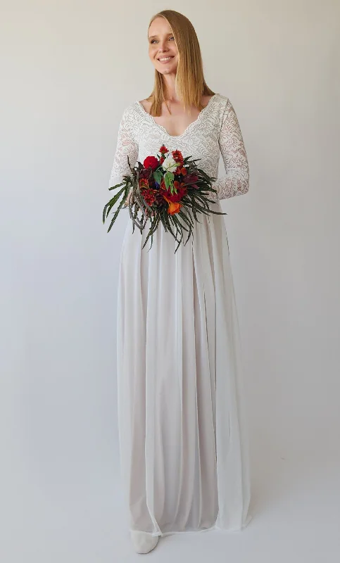 Crazy Deals Pearly Vintage Lace Long Sleeves dress, Backless wedding dress, V neckline bridal outfit #1392