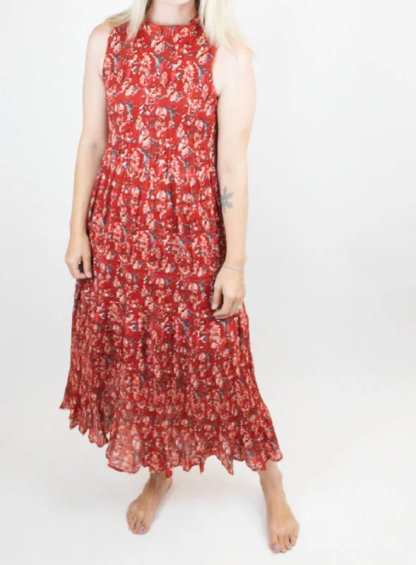 Overstock Sale Printed Plisse Halter Maxi Dress In Scarlet