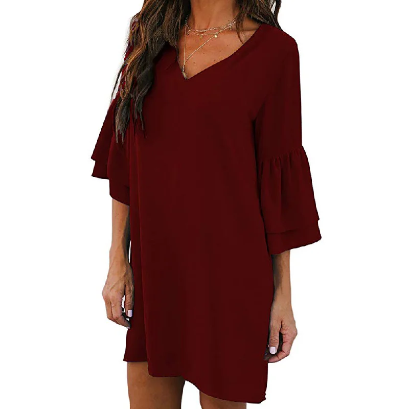 Special Discount Loose V Neck Bell Sleeve Plain Dress