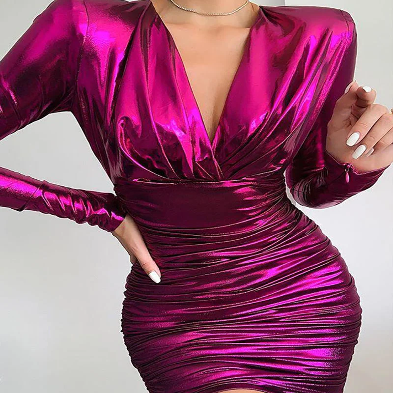Seasonal Clearance Purple V Neck High Waist Ruched Bodycon Dress