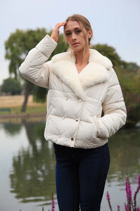 Final Markdown Double Second Ecru Lux Fur Collar Puffer Coat